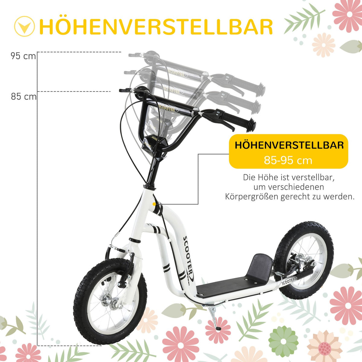 Children'S Scooter From 5 Years, Children'S Scooter, City Scooter With Pneumatic Tires, 12 Inches, Rubber, Aluminum, White