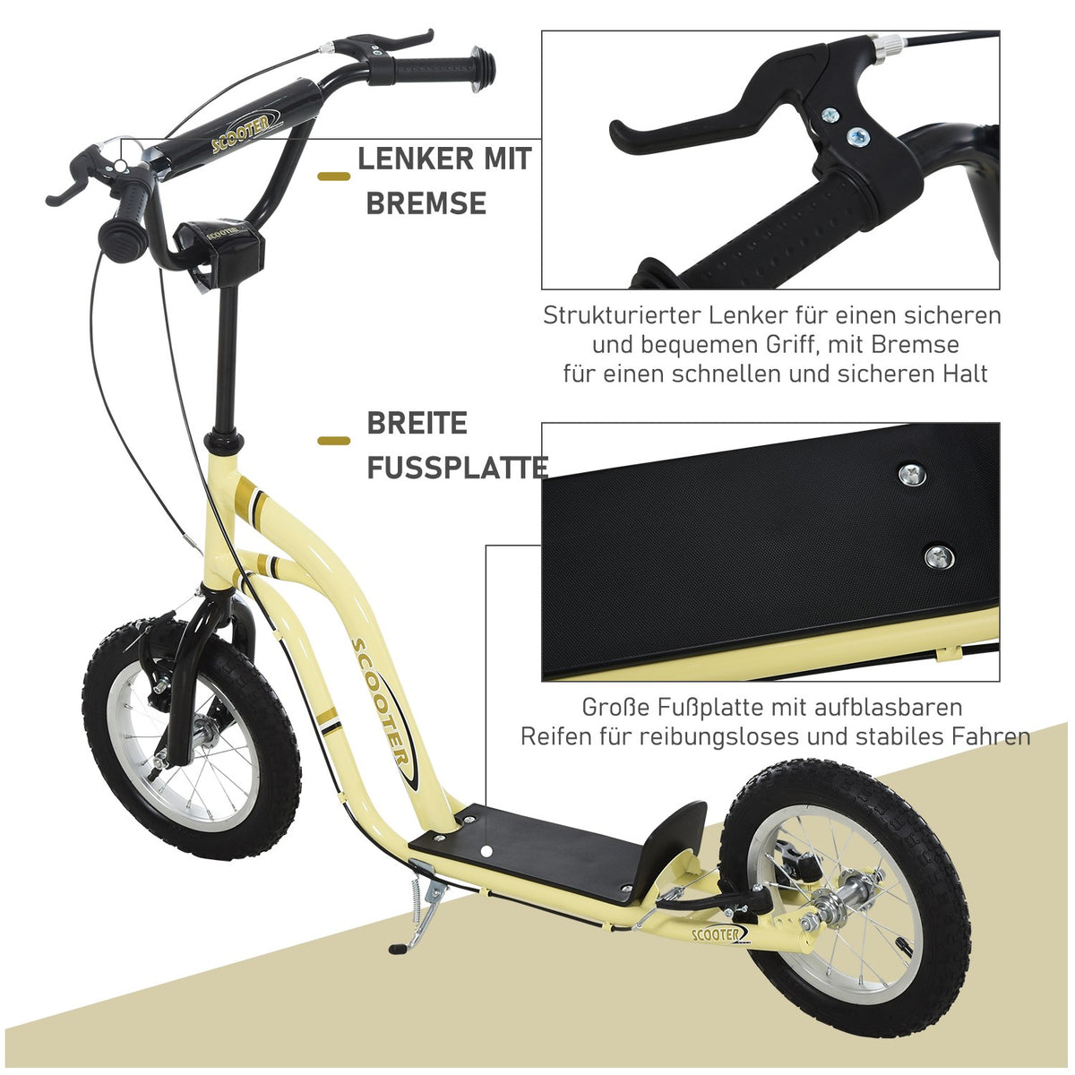 Children'S Scooter From 5 Years Old Scooter Children'S Scooter City Scooter Children'S Scooter Kickboard With Pneumatic Tires 12 Inch Rubber Aluminum Beige 120 X 58 X 85-95 Cm