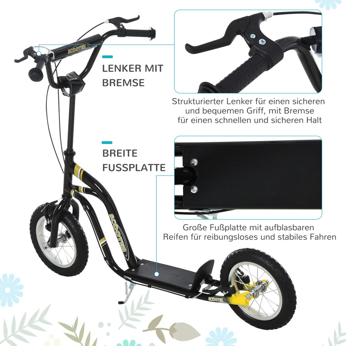 Children'S Scooter From 5 Years Old Scooter Children'S Scooter City Scooter Pneumatic Tires 12 Inch Rubber Aluminum Black 120X58X85-95Cm