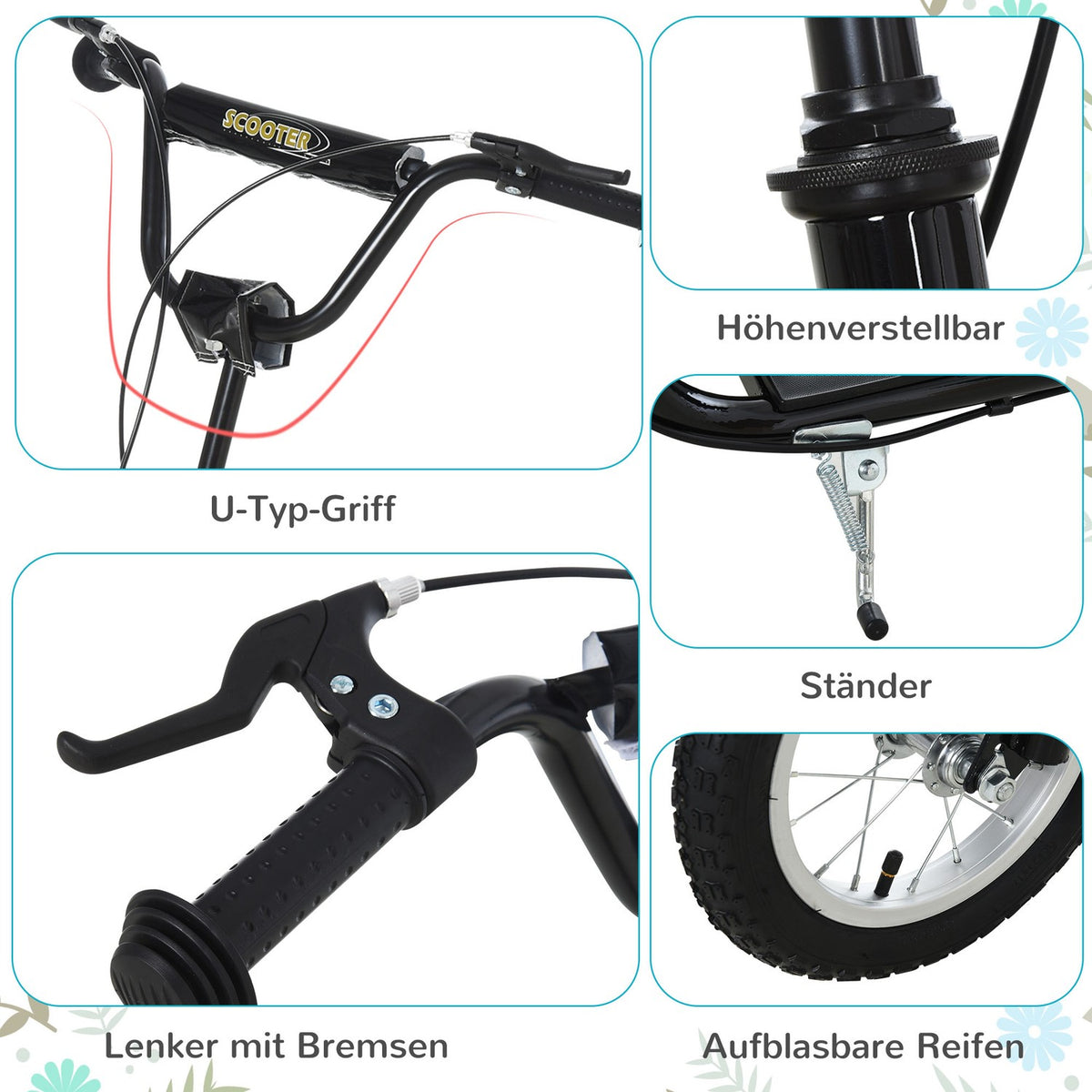 Children'S Scooter From 5 Years Old Scooter Children'S Scooter City Scooter Pneumatic Tires 12 Inch Rubber Aluminum Black 120X58X85-95Cm