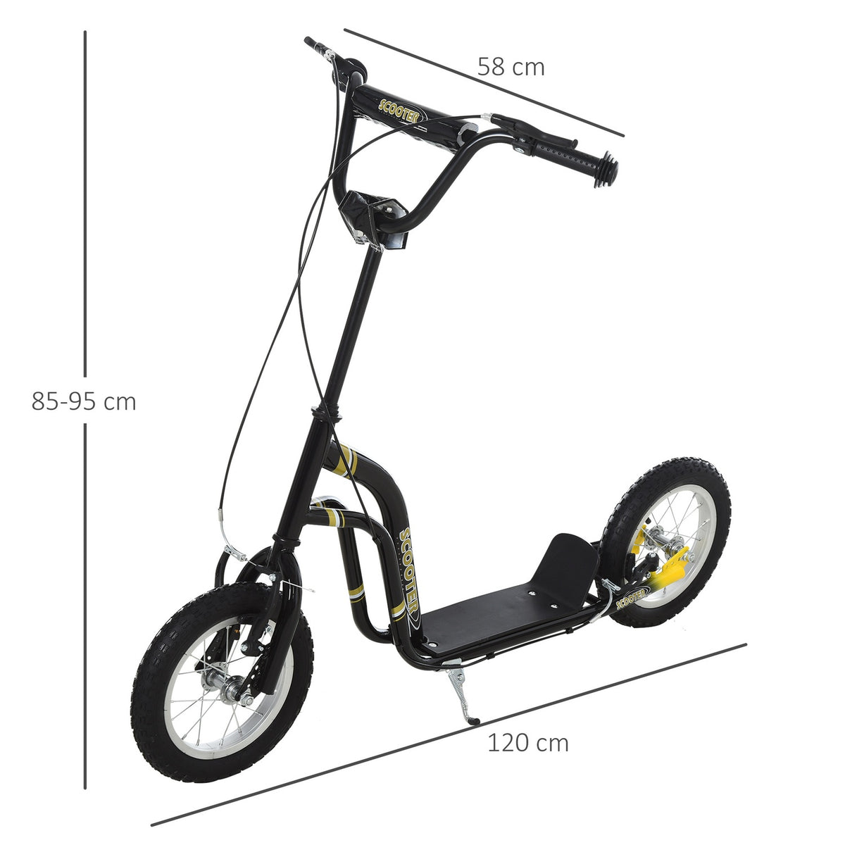 Children'S Scooter From 5 Years Old Scooter Children'S Scooter City Scooter Pneumatic Tires 12 Inch Rubber Aluminum Black 120X58X85-95Cm
