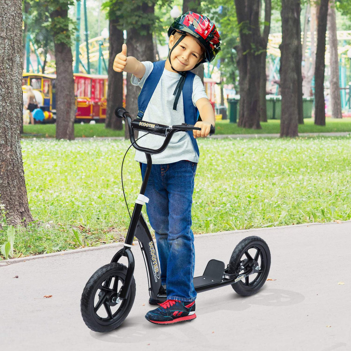 Children'S Scooter Kick Scooter 12 Inches With Rear Brake, Height-Adjustable Kick Scooter, Scooter In Black, Steel & Eva