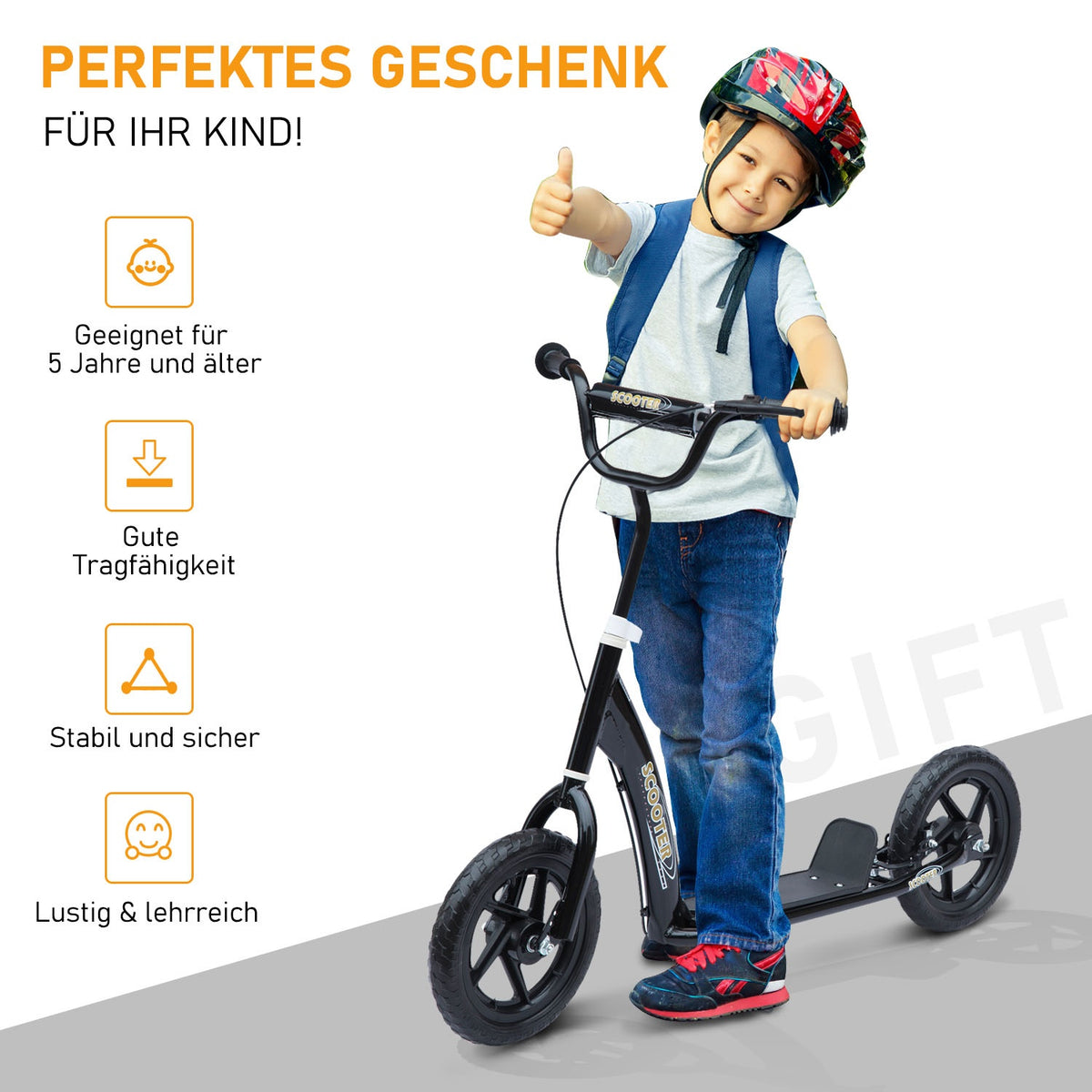 Children'S Scooter Kick Scooter 12 Inches With Rear Brake, Height-Adjustable Kick Scooter, Scooter In Black, Steel & Eva