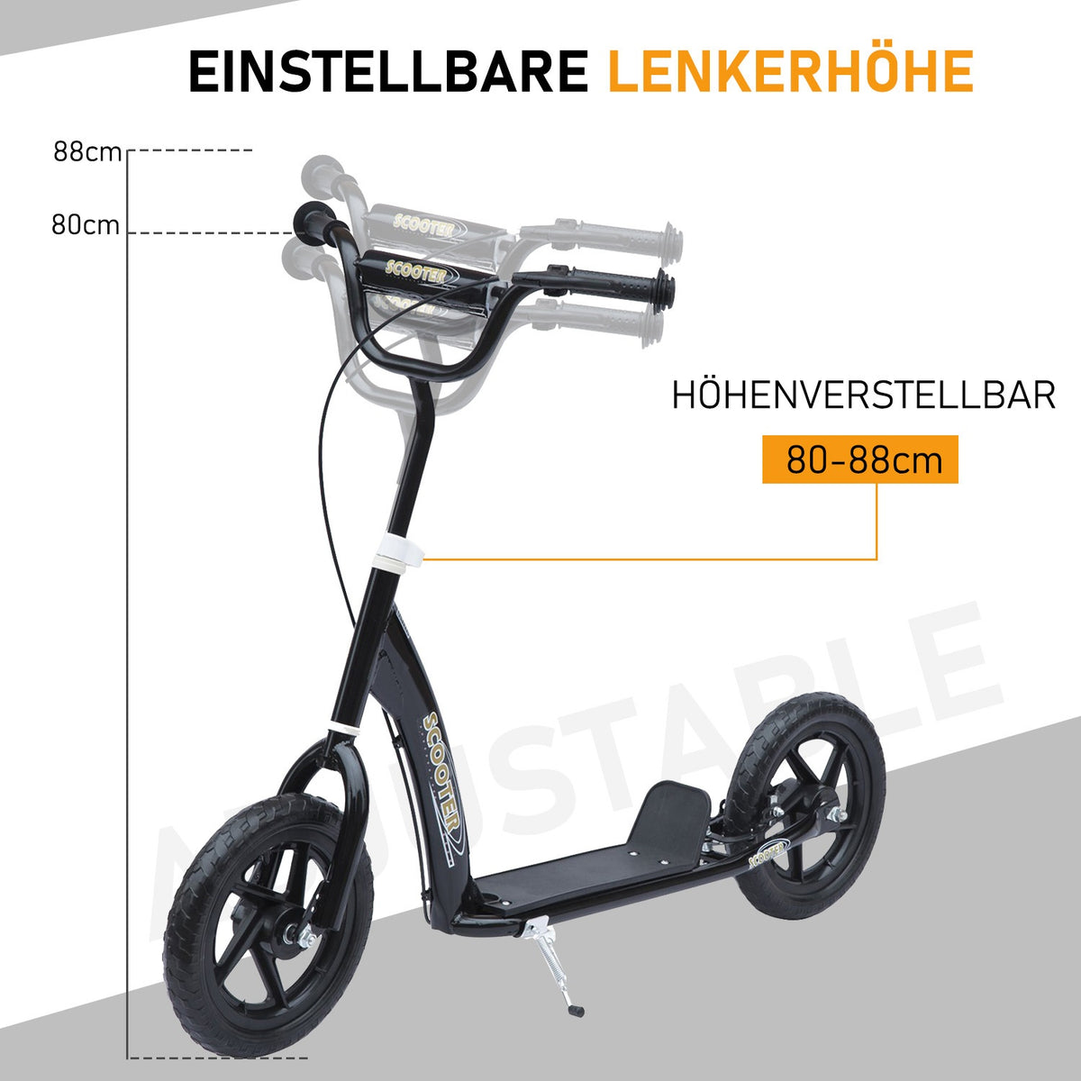 Children'S Scooter Kick Scooter 12 Inches With Rear Brake, Height-Adjustable Kick Scooter, Scooter In Black, Steel & Eva