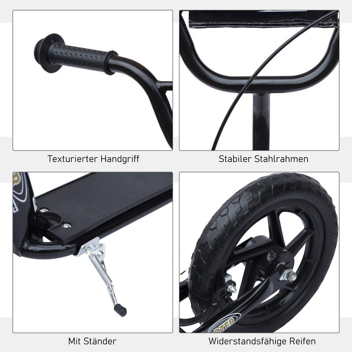 Children'S Scooter Kick Scooter 12 Inches With Rear Brake, Height-Adjustable Kick Scooter, Scooter In Black, Steel & Eva