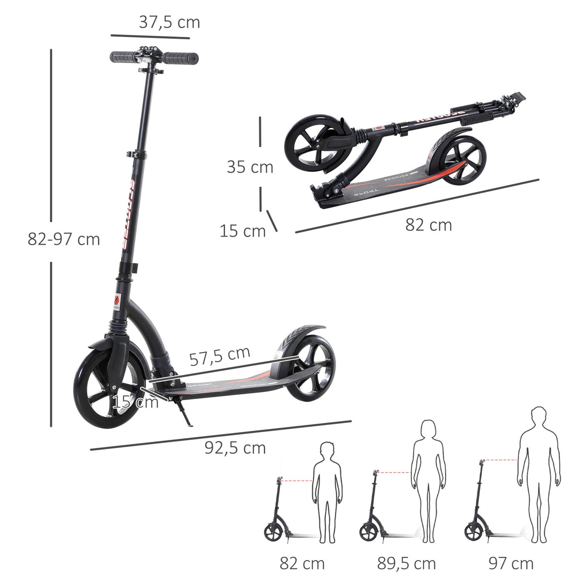 Children'S Scooter Kick Scooter With Shock Absorption, Foldable, Height Adjustable, From 14 Years, Aluminum, 92.5X37.5X87-101.5Cm