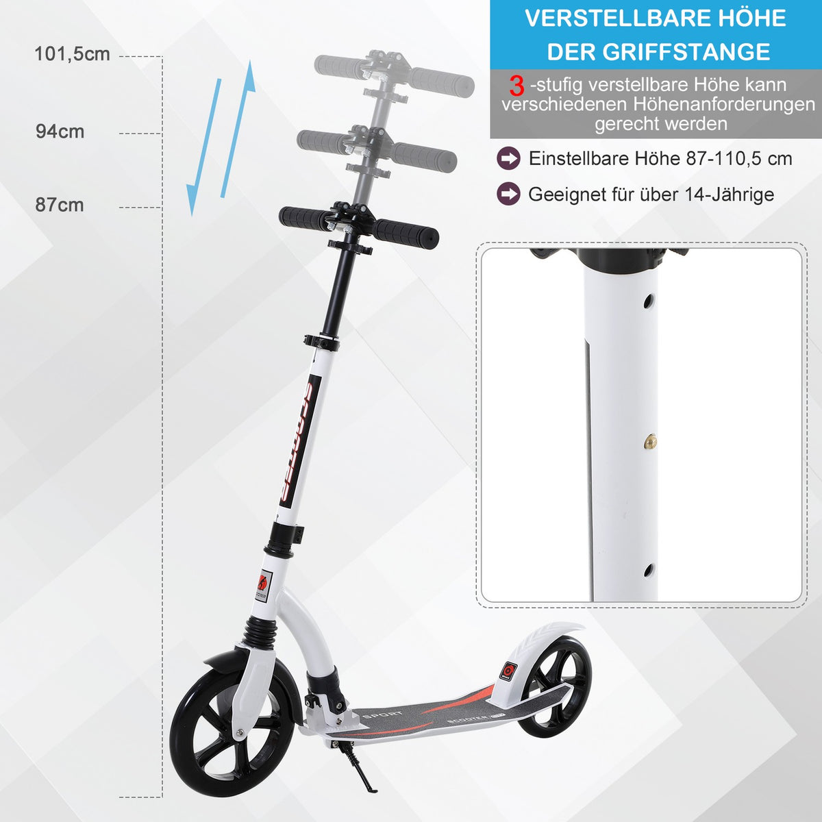 Children'S Scooter, Kick Scooter With Shock Absorption, Kick Scooter, Foldable And Height-Adjustable, From 14 Years, Aluminum, White, 92.5 X 37.5 X 87-101.5 Cm