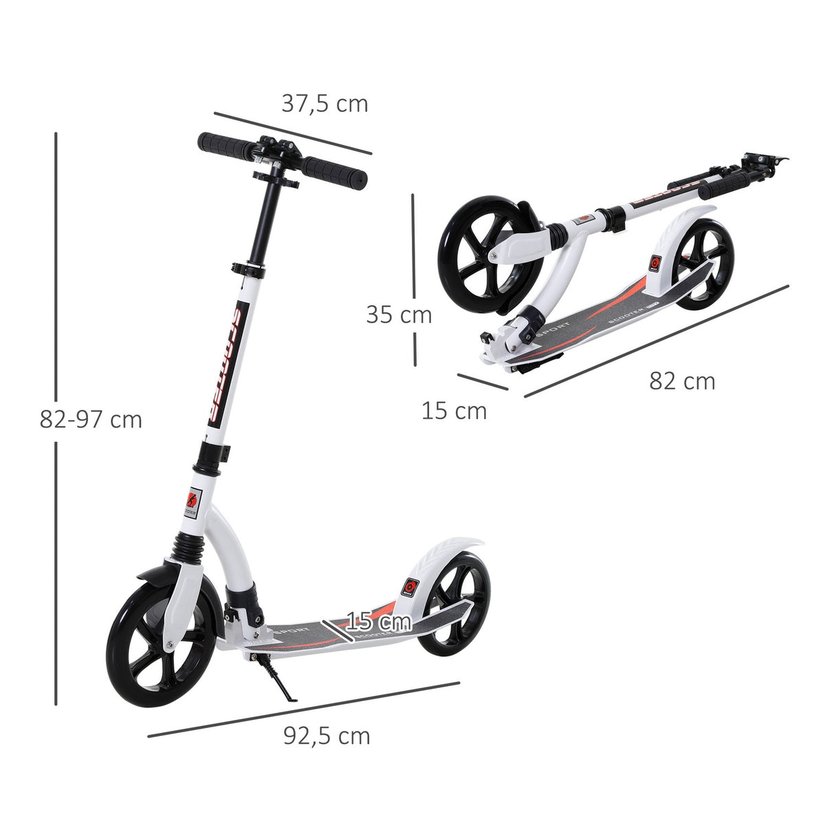 Children'S Scooter, Kick Scooter With Shock Absorption, Kick Scooter, Foldable And Height-Adjustable, From 14 Years, Aluminum, White, 92.5 X 37.5 X 87-101.5 Cm