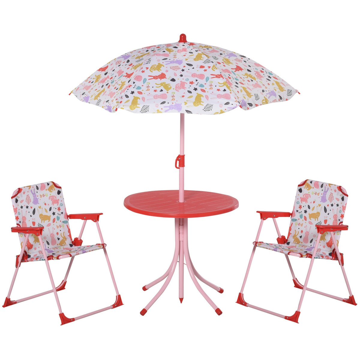 Children'S Seating Group, Camping Set, Garden Table, 2 Folding Chairs, Parasol, 3-5 Years, Red