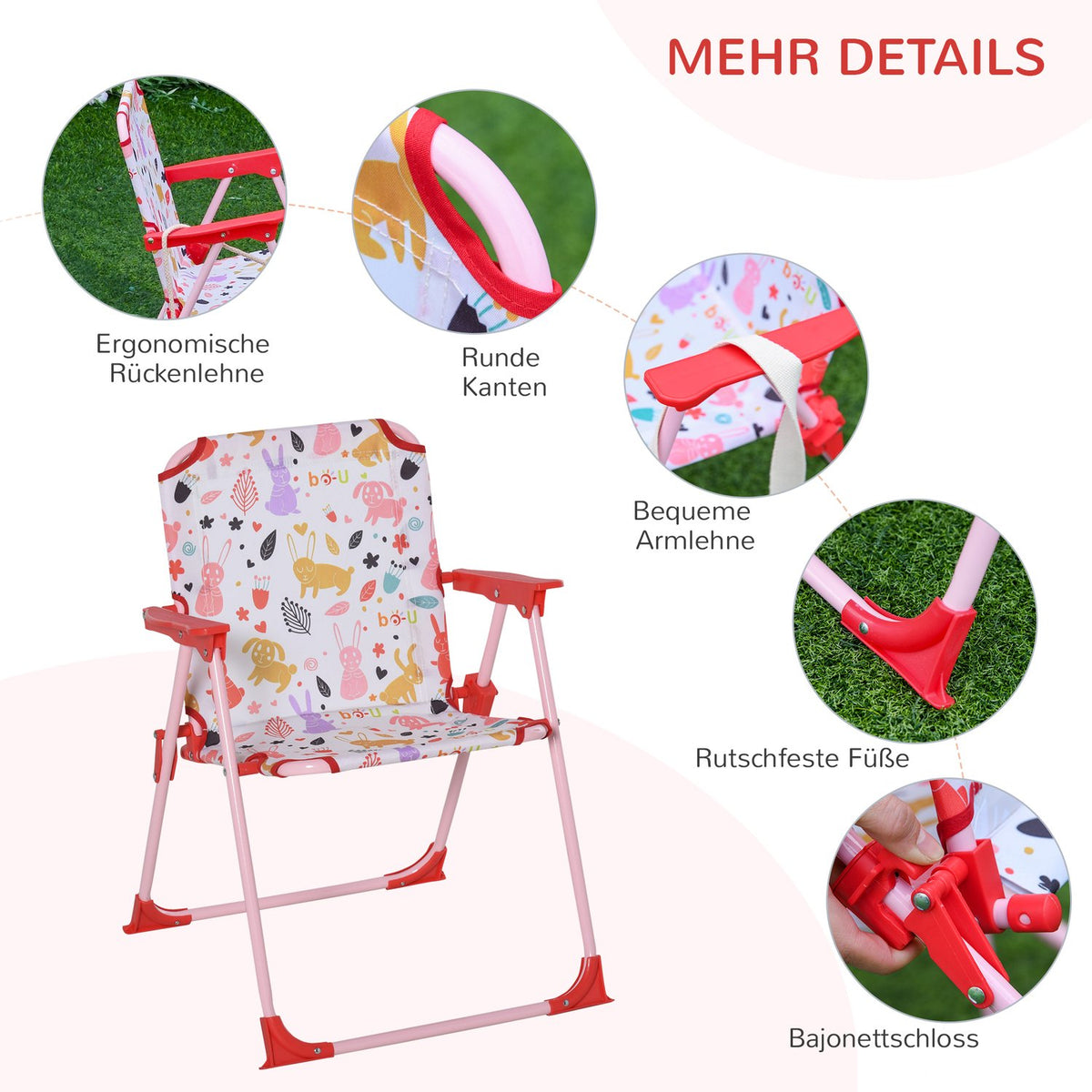 Children'S Seating Group, Camping Set, Garden Table, 2 Folding Chairs, Parasol, 3-5 Years, Red