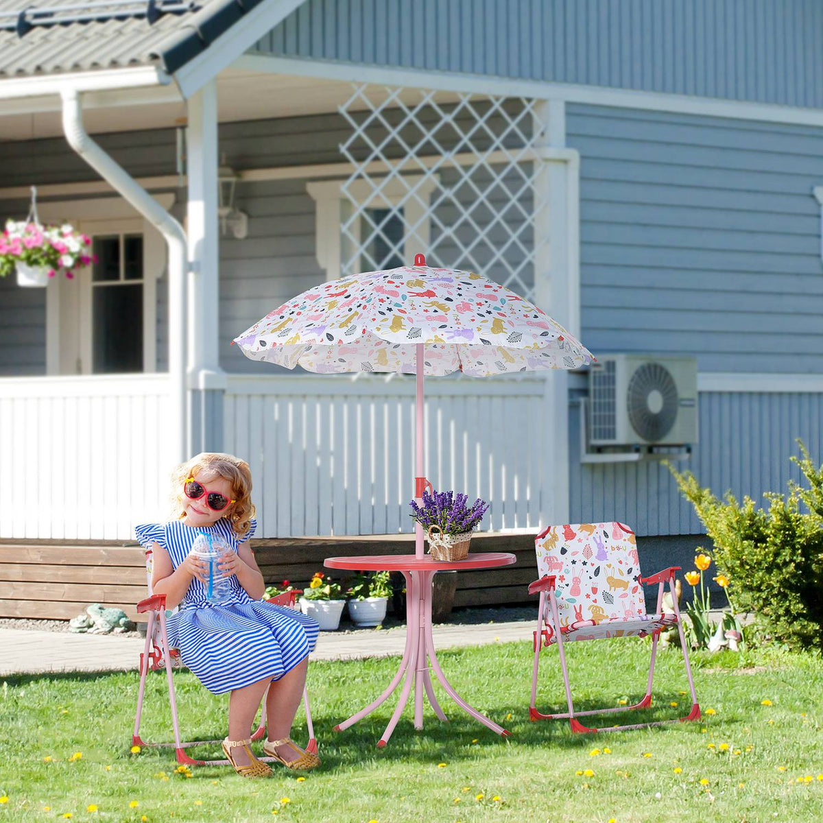 Children'S Seating Group, Camping Set, Garden Table, 2 Folding Chairs, Parasol, 3-5 Years, Red