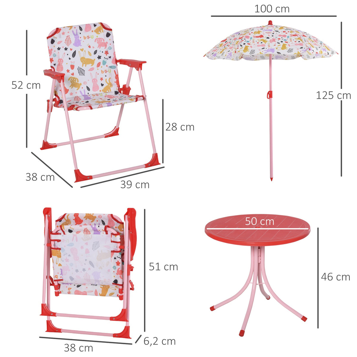 Children'S Seating Group, Camping Set, Garden Table, 2 Folding Chairs, Parasol, 3-5 Years, Red