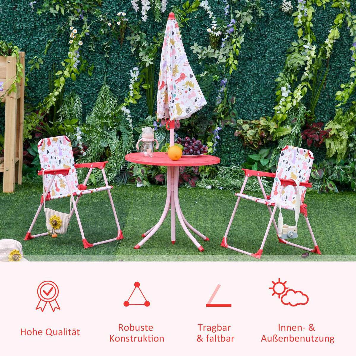 Children'S Seating Group, Camping Set, Garden Table, 2 Folding Chairs, Parasol, 3-5 Years, Red
