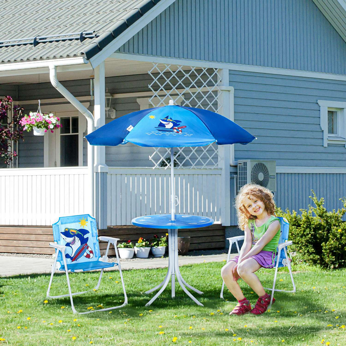 Children'S Seating Group, Camping Set, Garden Table, 2 Folding Chairs, Parasol, 3-6 Years, Blue