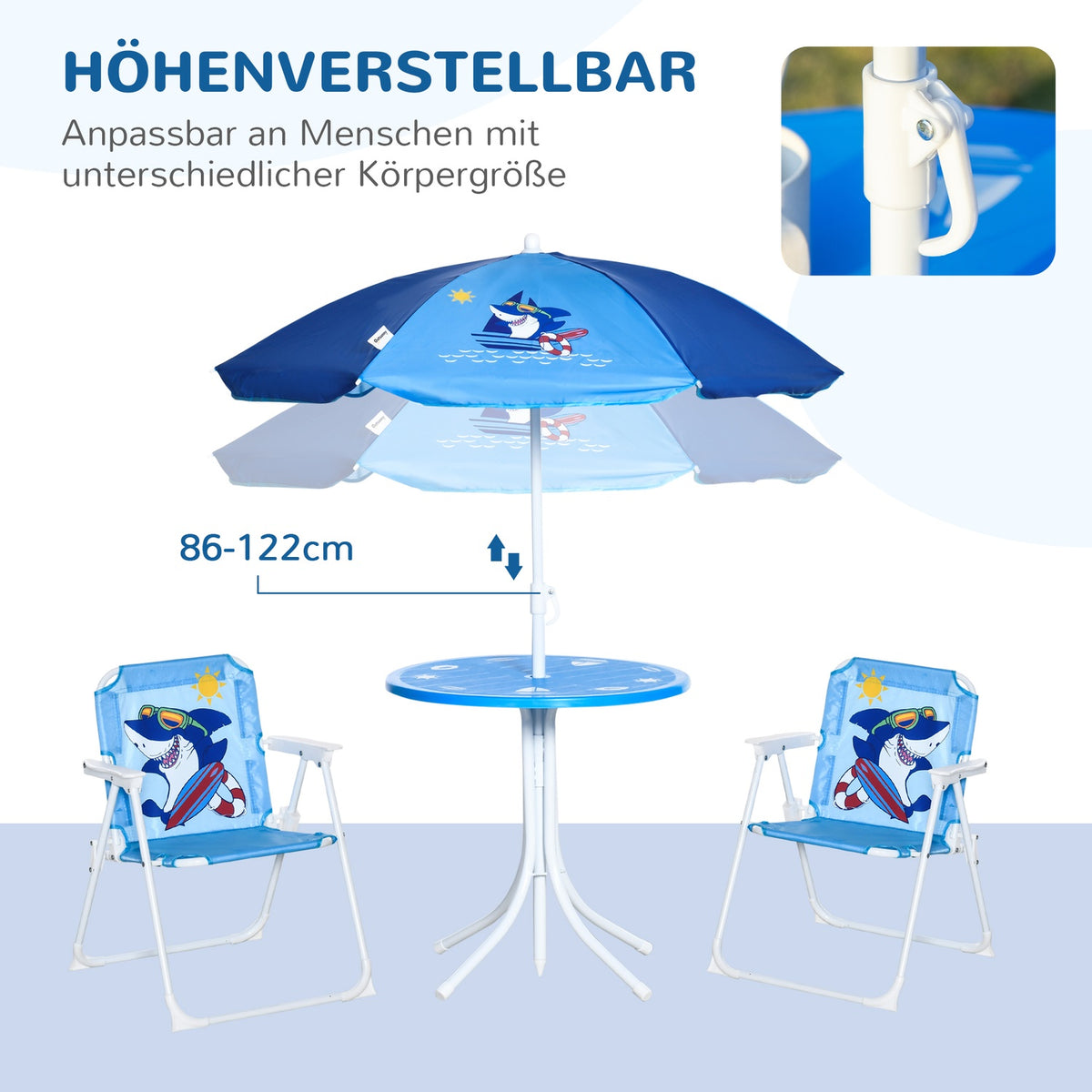 Children'S Seating Group, Camping Set, Garden Table, 2 Folding Chairs, Parasol, 3-6 Years, Blue
