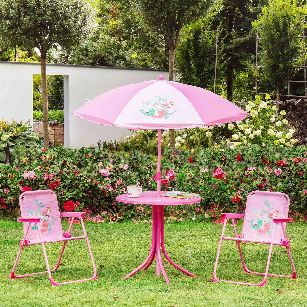 Children'S Seating Group, Garden Set, Garden Table, 2 Folding Chairs, Parasol, 3-6 Years, Pink