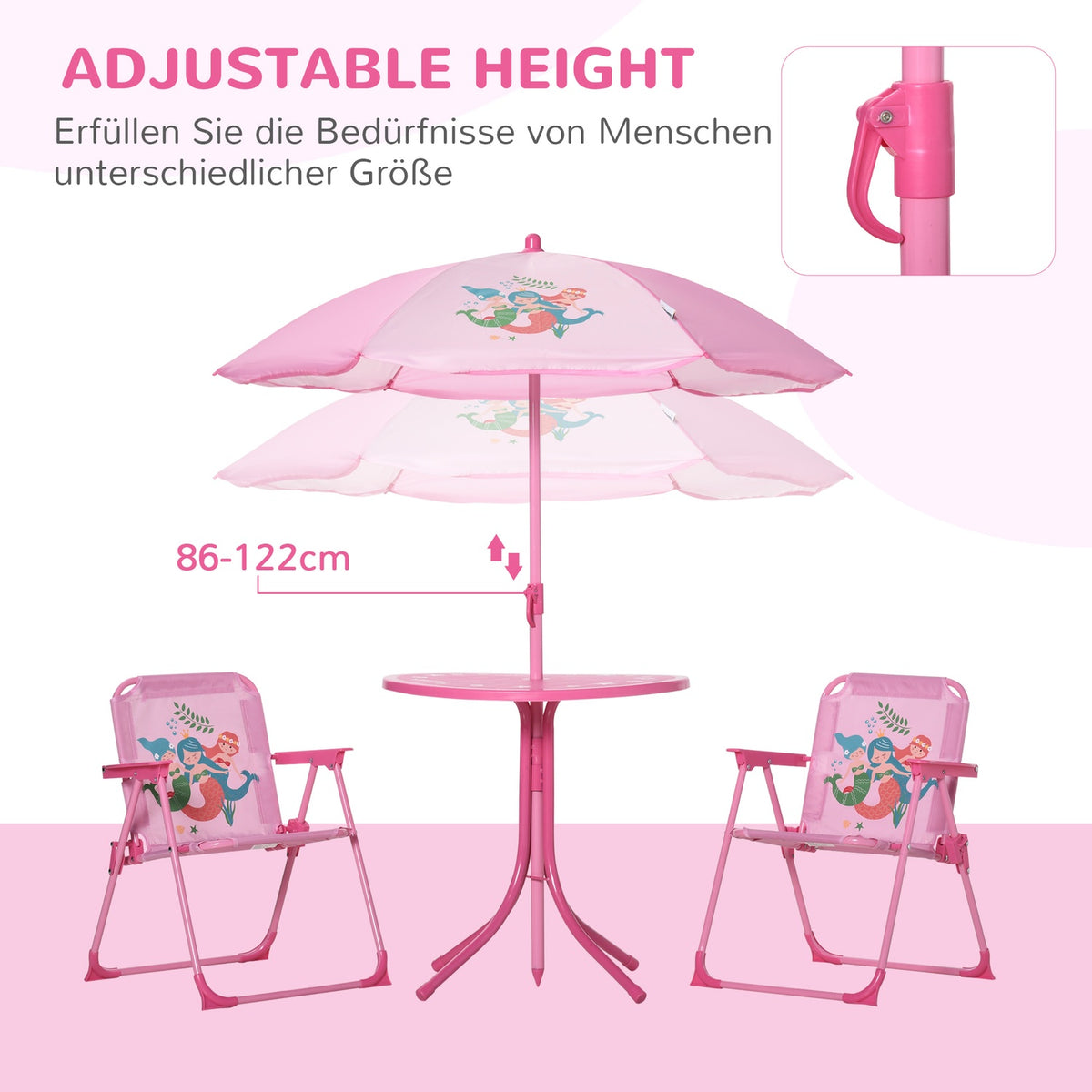 Children'S Seating Group, Garden Set, Garden Table, 2 Folding Chairs, Parasol, 3-6 Years, Pink