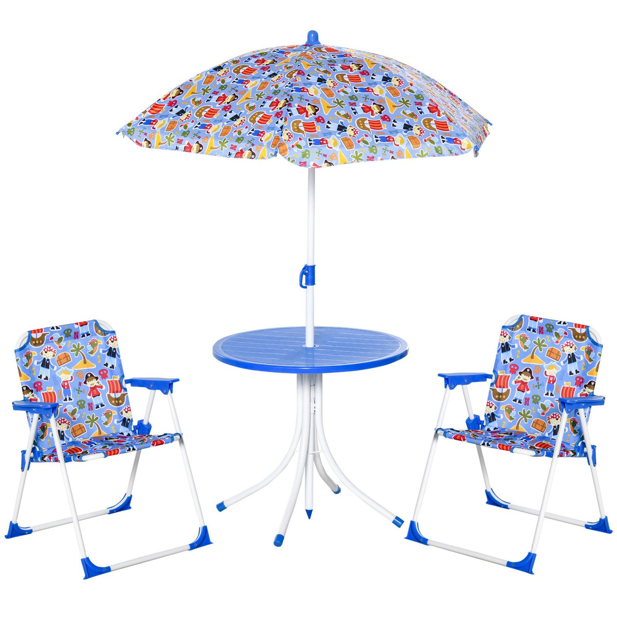 Children'S Seating Group With Garden Table, 2 Folding Chairs And Parasol, Camping Garden Furniture, Blue, For 3-5 Years