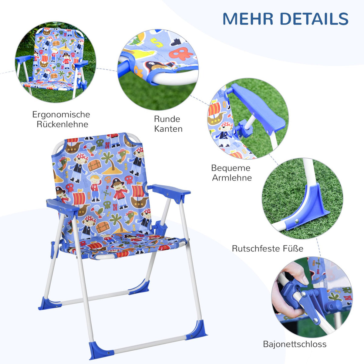 Children'S Seating Group With Garden Table, 2 Folding Chairs And Parasol, Camping Garden Furniture, Blue, For 3-5 Years