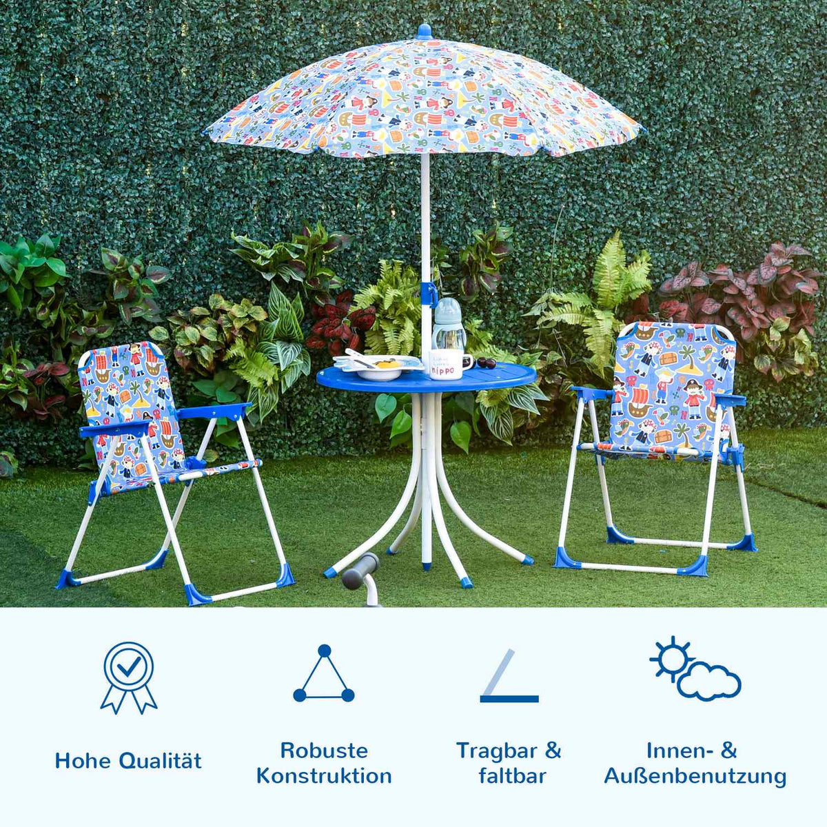 Children'S Seating Group With Garden Table, 2 Folding Chairs And Parasol, Camping Garden Furniture, Blue, For 3-5 Years