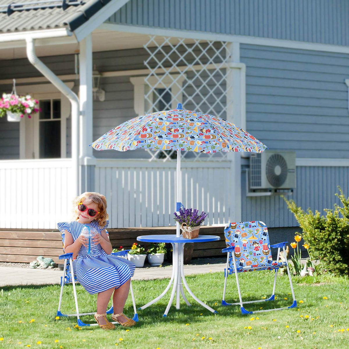 Children'S Seating Group With Garden Table, 2 Folding Chairs And Parasol, Camping Garden Furniture, Blue, For 3-5 Years