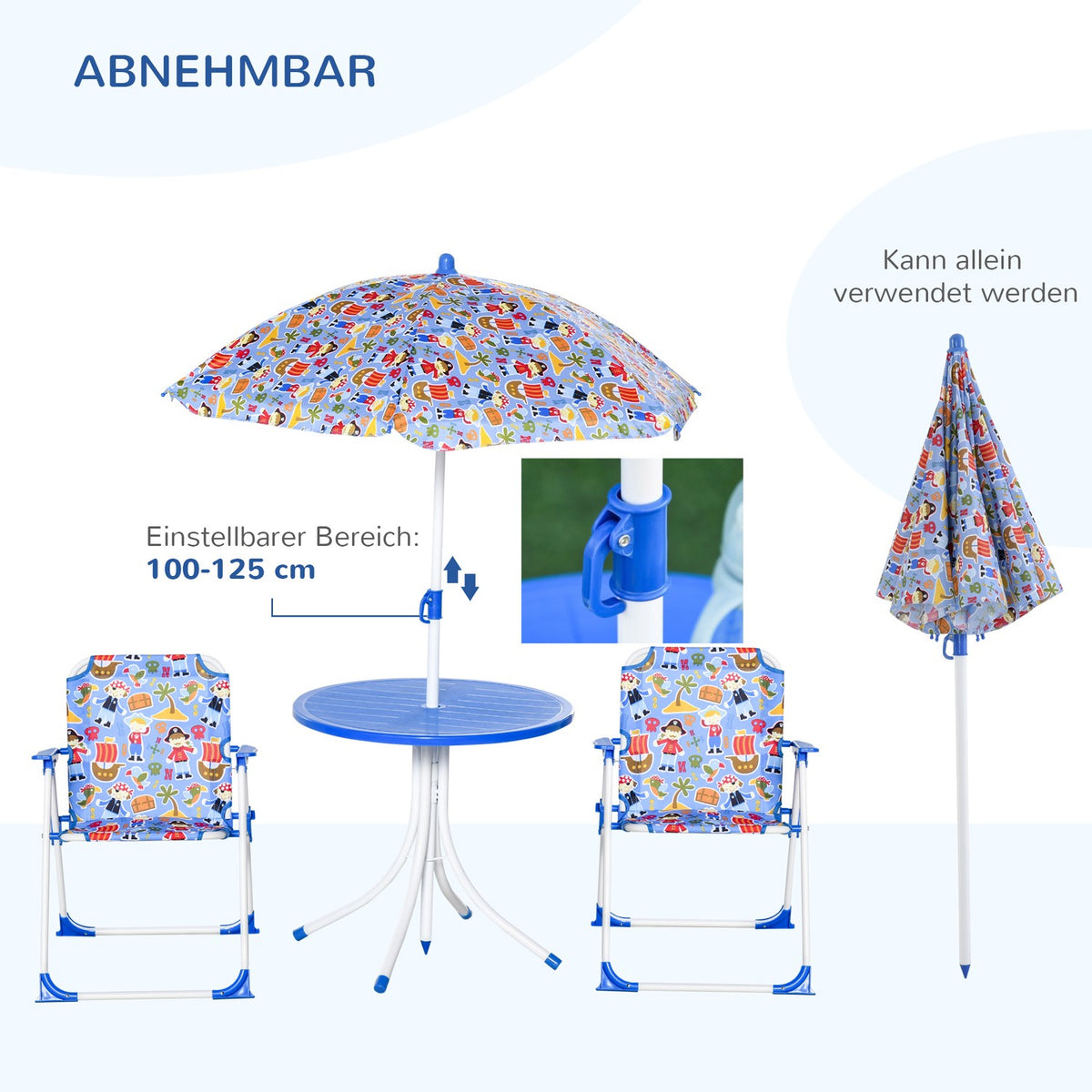 Children'S Seating Group With Garden Table, 2 Folding Chairs And Parasol, Camping Garden Furniture, Blue, For 3-5 Years