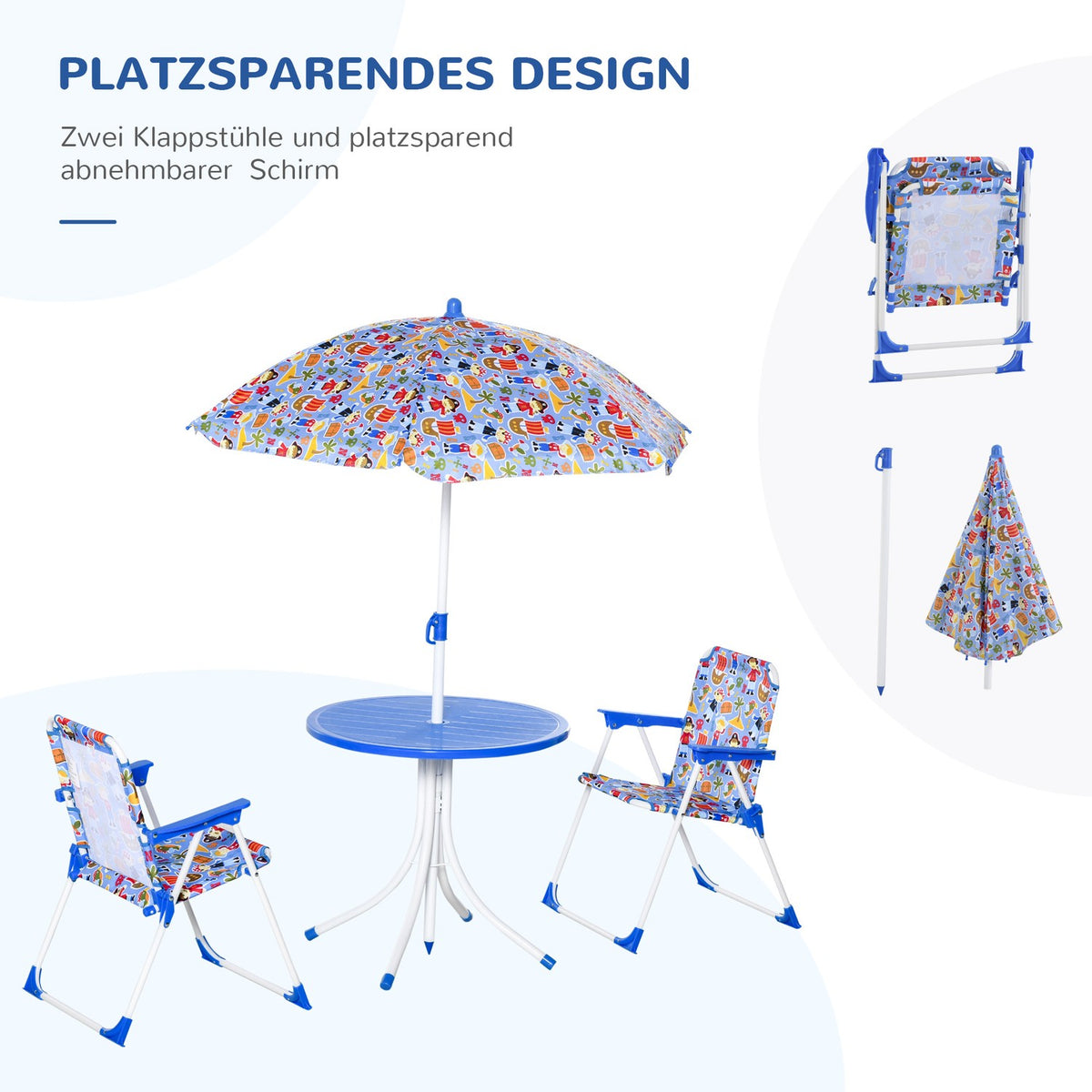 Children'S Seating Group With Garden Table, 2 Folding Chairs And Parasol, Camping Garden Furniture, Blue, For 3-5 Years