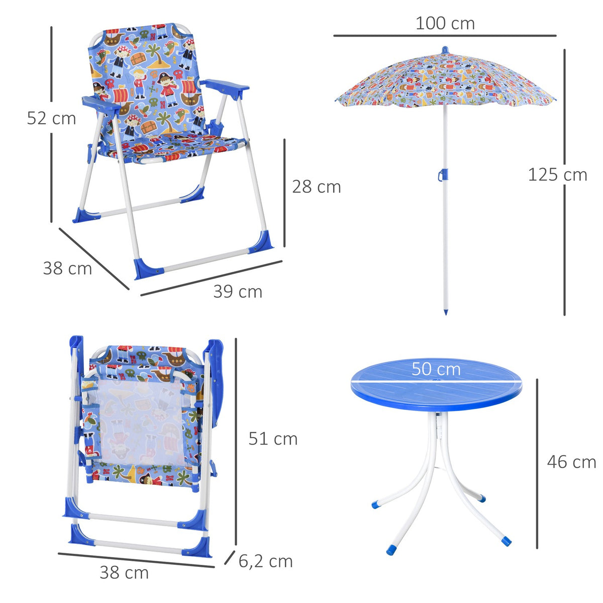 Children'S Seating Group With Garden Table, 2 Folding Chairs And Parasol, Camping Garden Furniture, Blue, For 3-5 Years