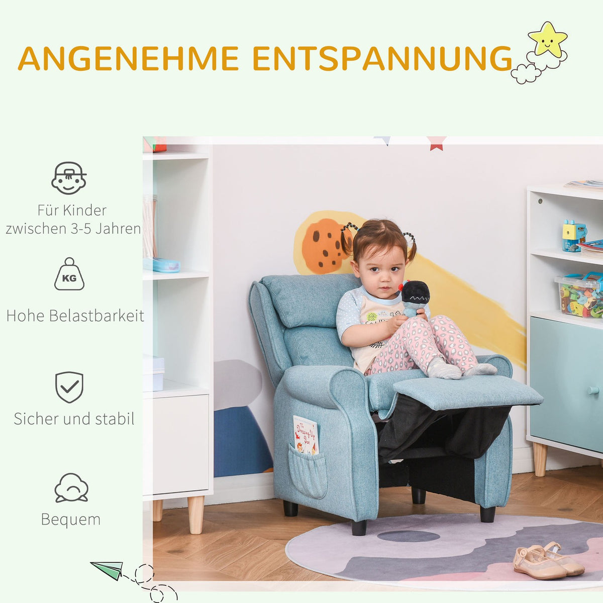 Children'S Sofa Children'S Couch With Adjustable Reclining Sofa & Footrest, Blue, For 3-5 Years, 58X53X70Cm