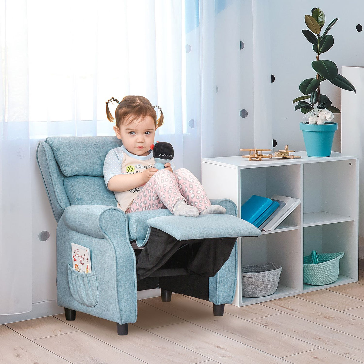 Children'S Sofa Children'S Couch With Adjustable Reclining Sofa & Footrest, Blue, For 3-5 Years, 58X53X70Cm