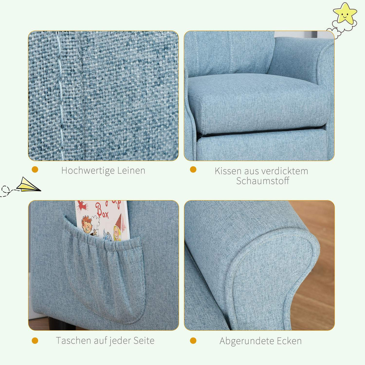 Children'S Sofa Children'S Couch With Adjustable Reclining Sofa & Footrest, Blue, For 3-5 Years, 58X53X70Cm