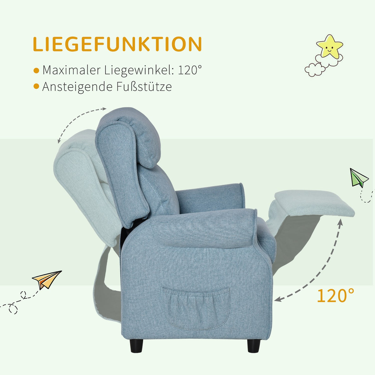 Children'S Sofa Children'S Couch With Adjustable Reclining Sofa & Footrest, Blue, For 3-5 Years, 58X53X70Cm