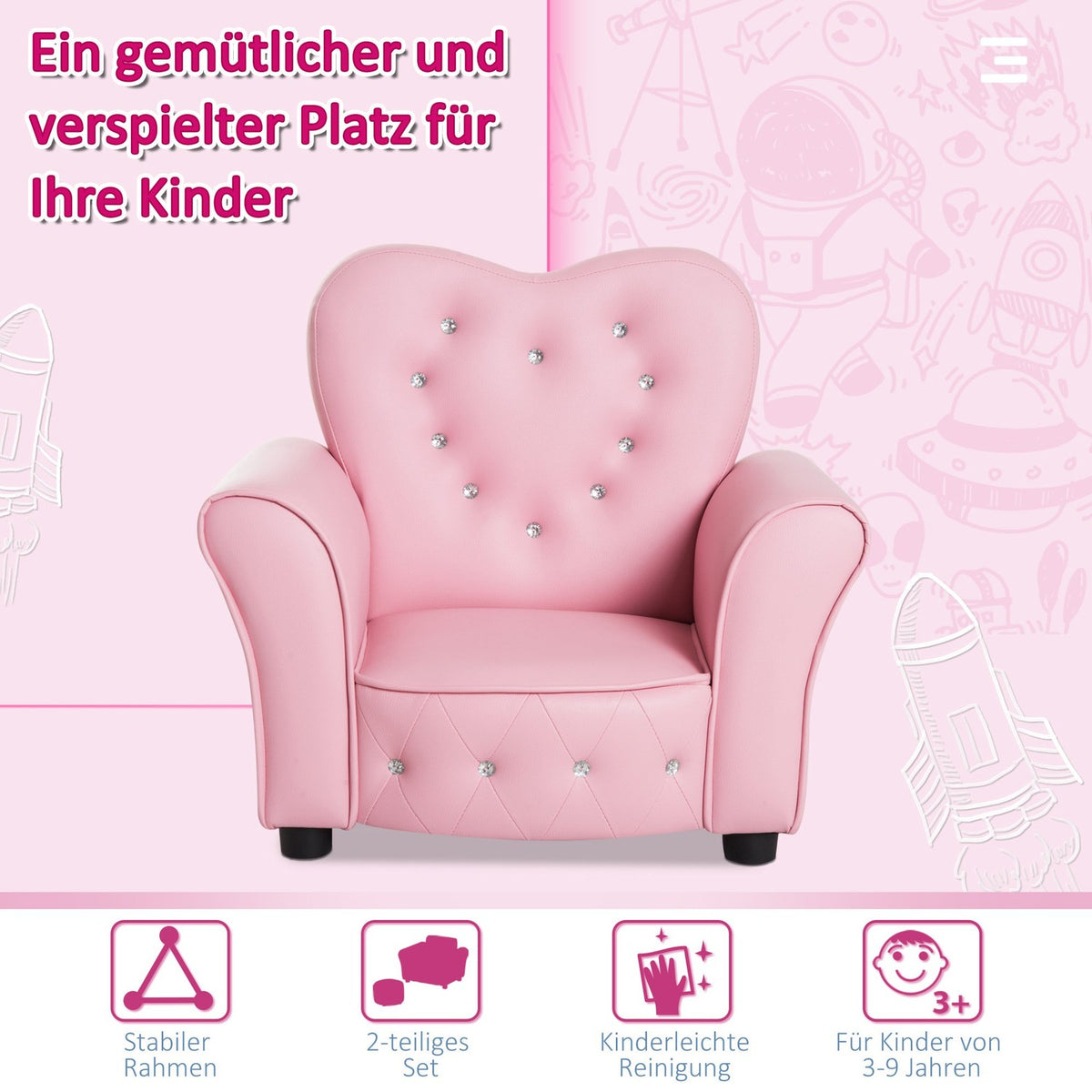Children'S Sofa Princess Heart-Shaped Children'S Armchair In Pink, Cozy Children'S Room Sofa, L59Xw41.5Xh49Cm
