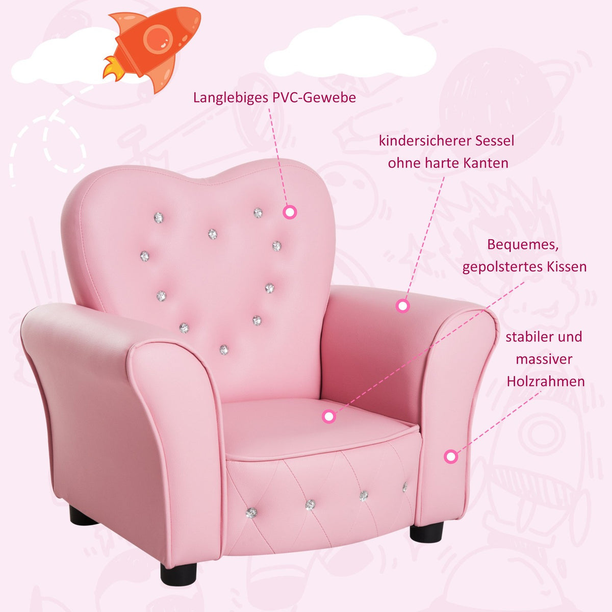 Children'S Sofa Princess Heart-Shaped Children'S Armchair In Pink, Cozy Children'S Room Sofa, L59Xw41.5Xh49Cm