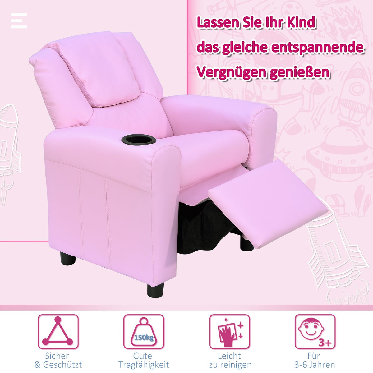 Children'S Sofa Reclining Function Children'S Armchair 3-6 Years Pink Cup Holder 62X56X69Cm