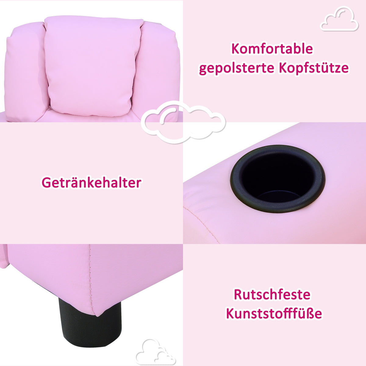Children'S Sofa Reclining Function Children'S Armchair 3-6 Years Pink Cup Holder 62X56X69Cm