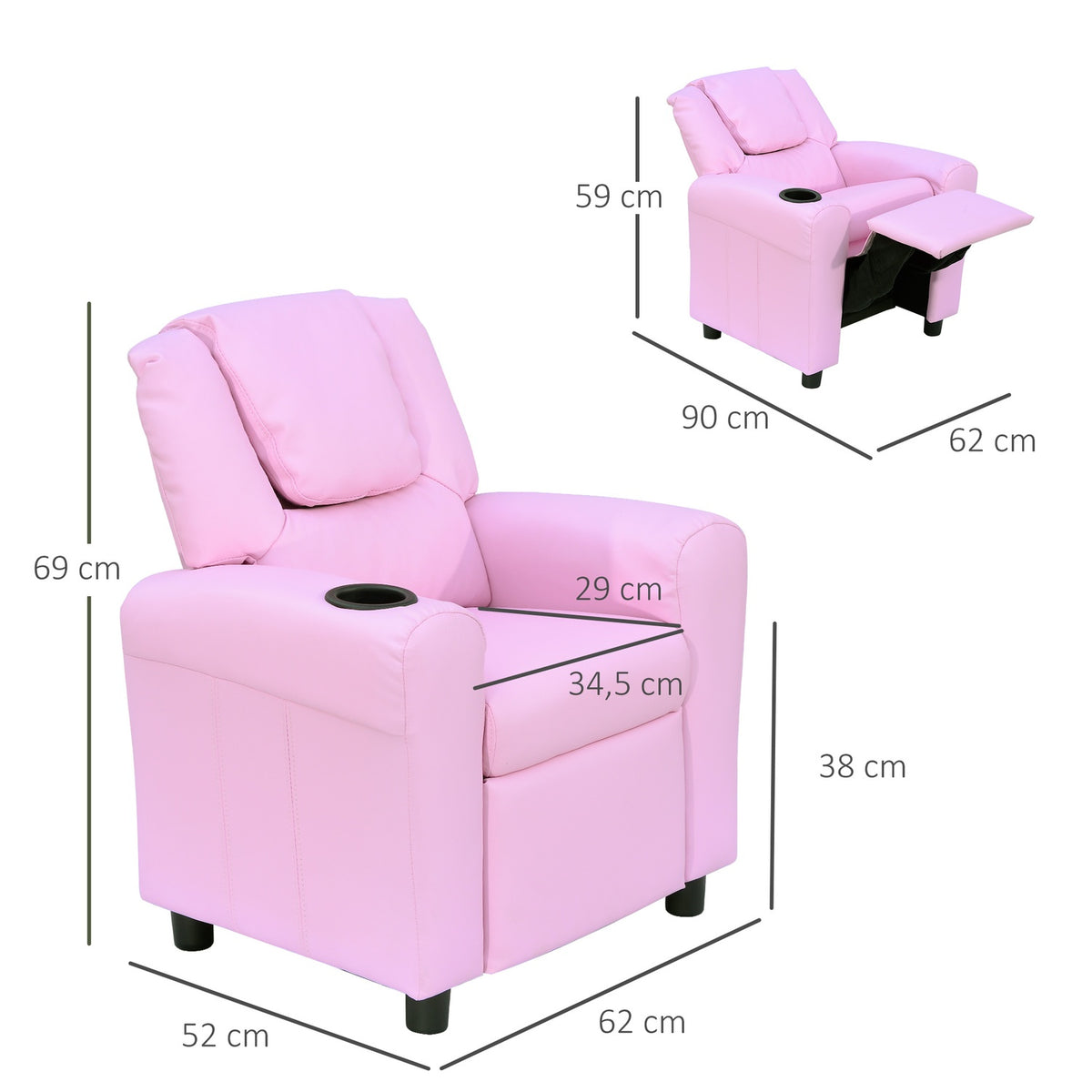 Children'S Sofa Reclining Function Children'S Armchair 3-6 Years Pink Cup Holder 62X56X69Cm