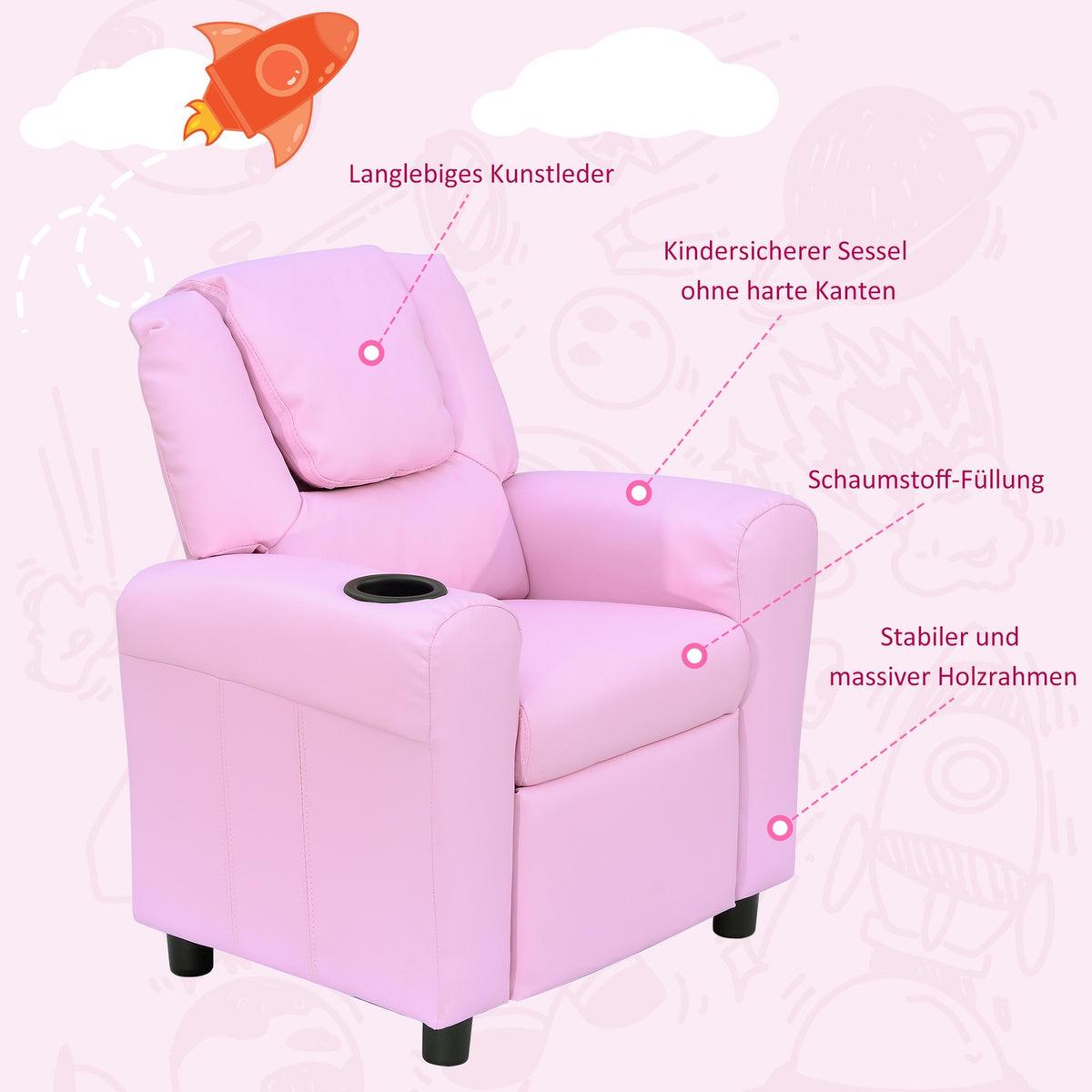 Children'S Sofa Reclining Function Children'S Armchair 3-6 Years Pink Cup Holder 62X56X69Cm