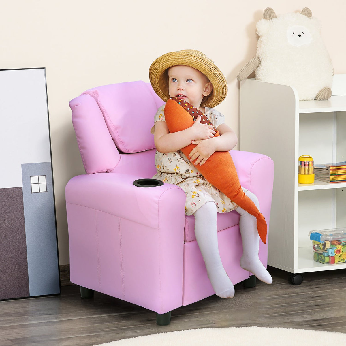 Children'S Sofa Reclining Function Children'S Armchair 3-6 Years Pink Cup Holder 62X56X69Cm