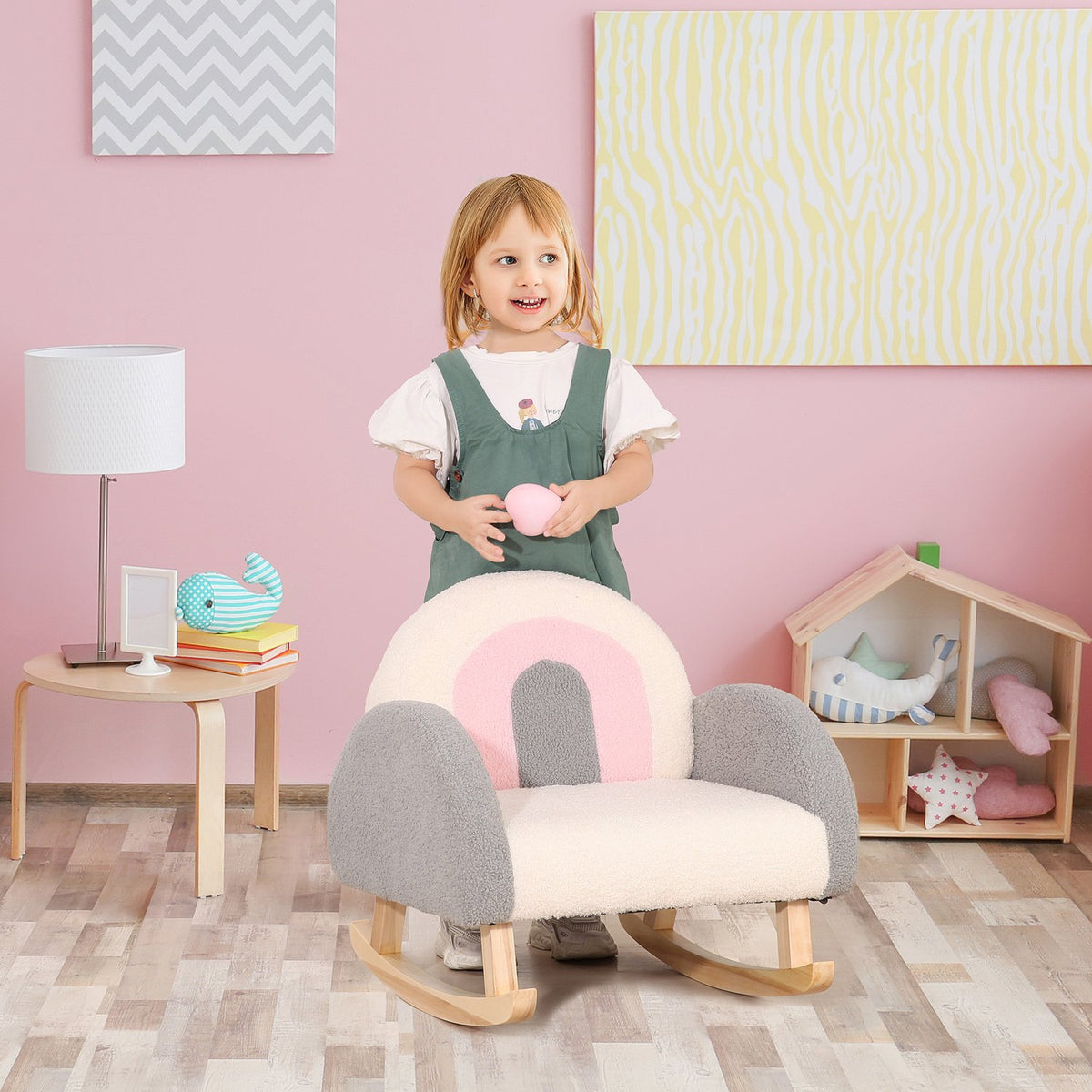 Children'S Sofa Rocking Chair Soft Children'S Armchair In Imitation Lambskin, Eucalyptus Wood, Gray, For 3-5 Years, Comfortable For Toddlers
