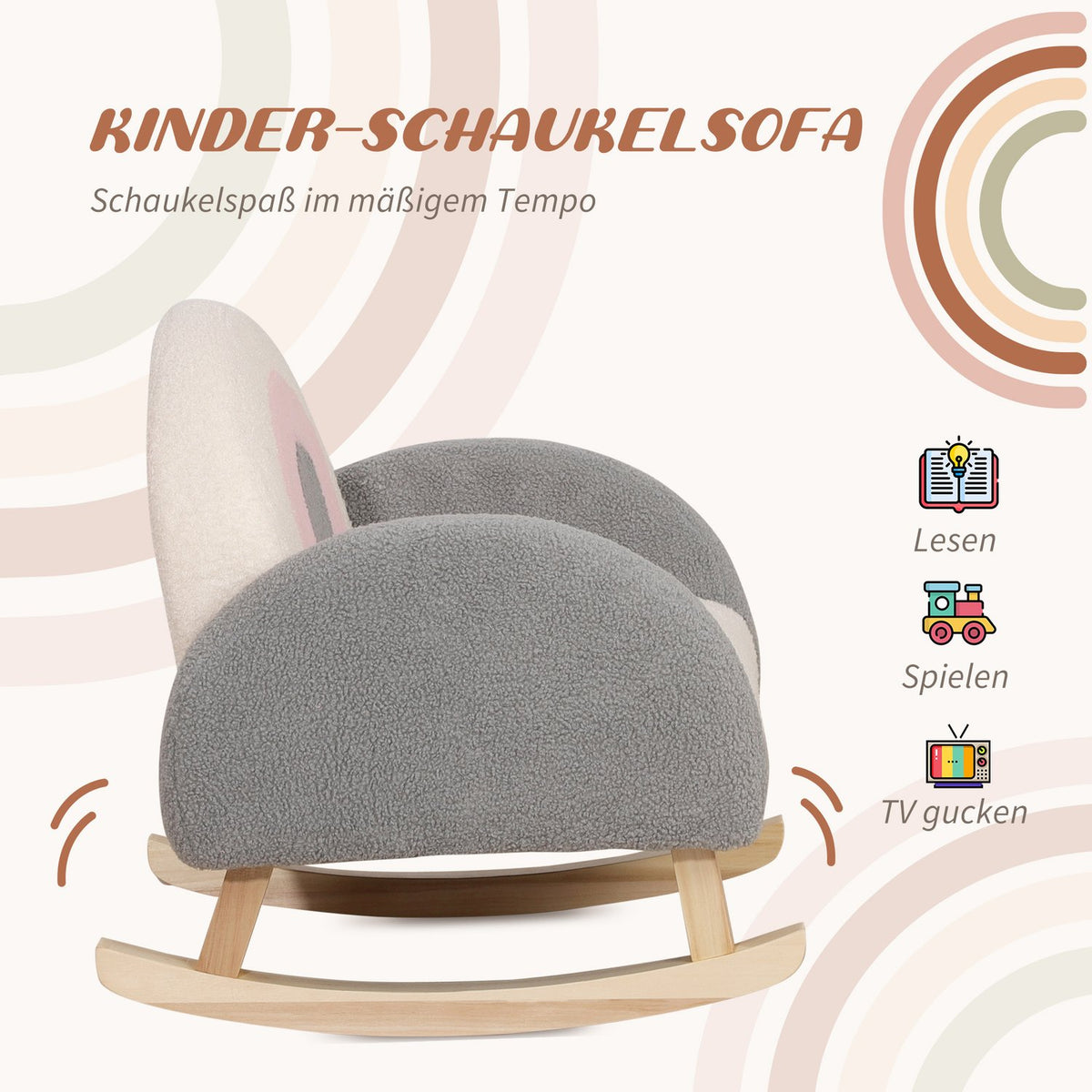 Children'S Sofa Rocking Chair Soft Children'S Armchair In Imitation Lambskin, Eucalyptus Wood, Gray, For 3-5 Years, Comfortable For Toddlers