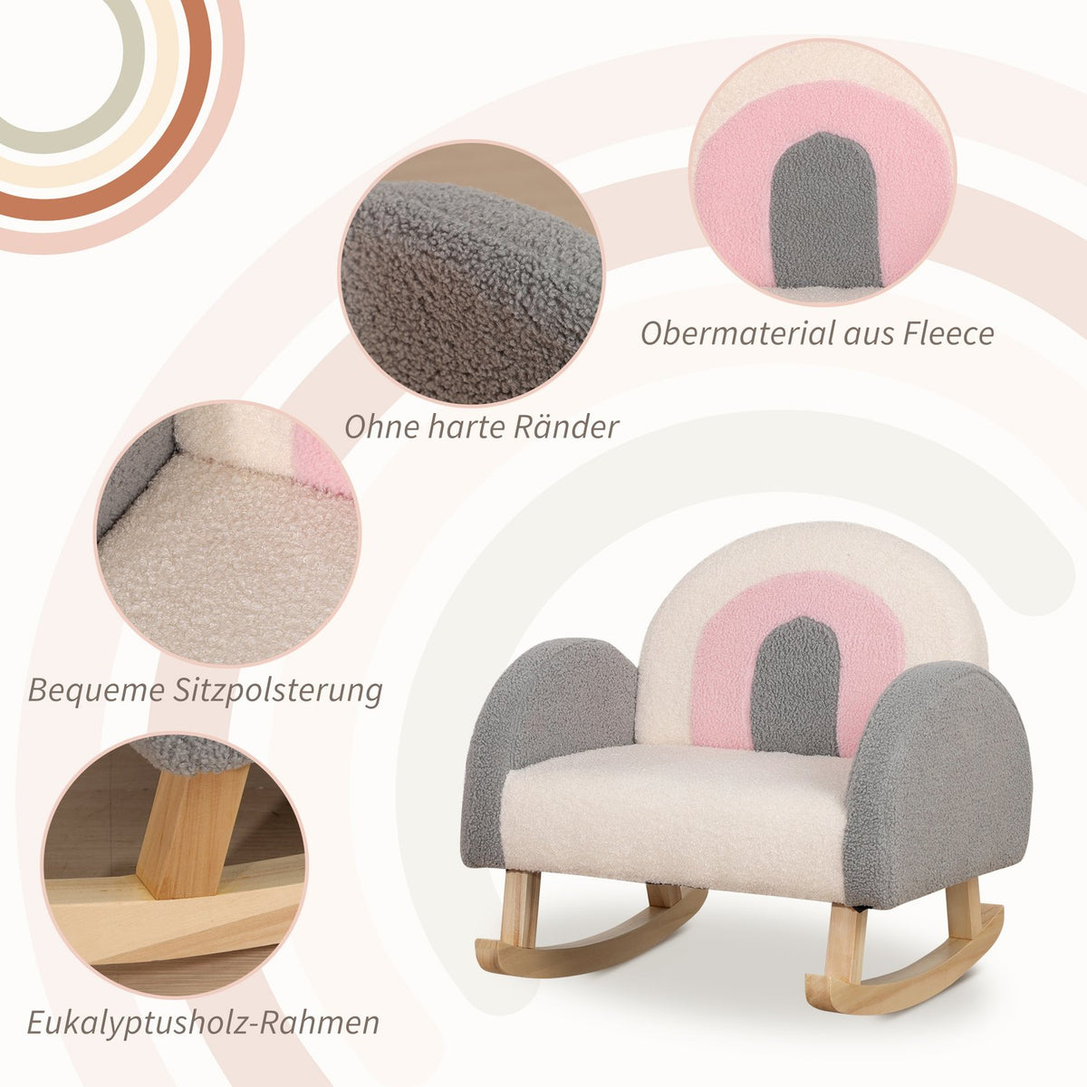 Children'S Sofa Rocking Chair Soft Children'S Armchair In Imitation Lambskin, Eucalyptus Wood, Gray, For 3-5 Years, Comfortable For Toddlers