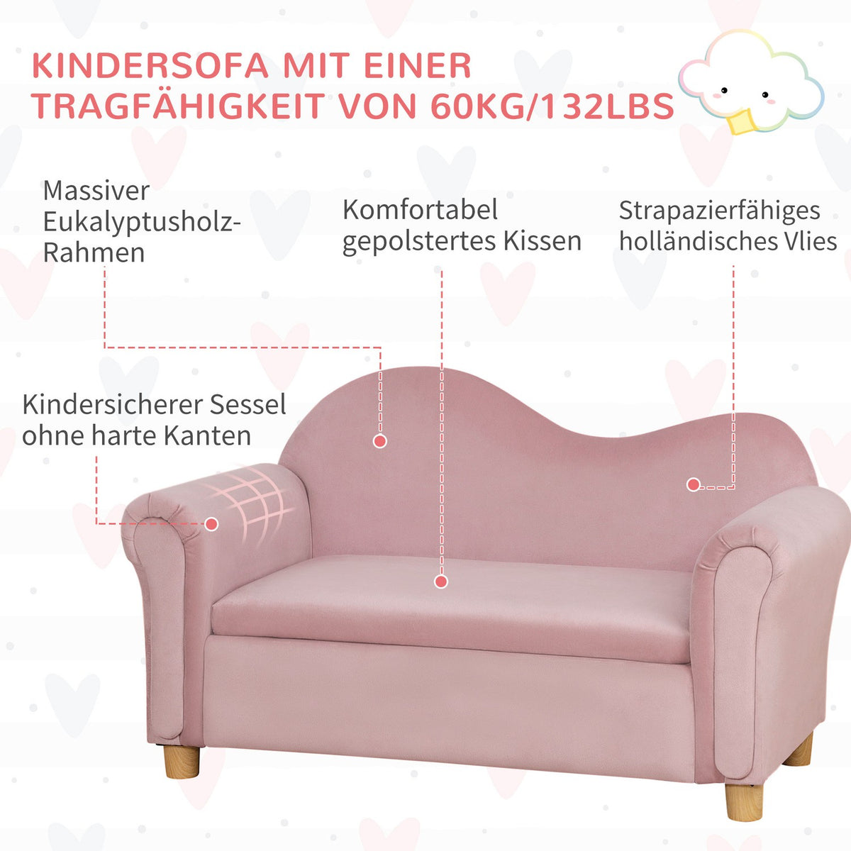 Children'S Sofa Storage Space Pink Fleece Two-Seater 3-5 Years 84X41.5X48.5Cm