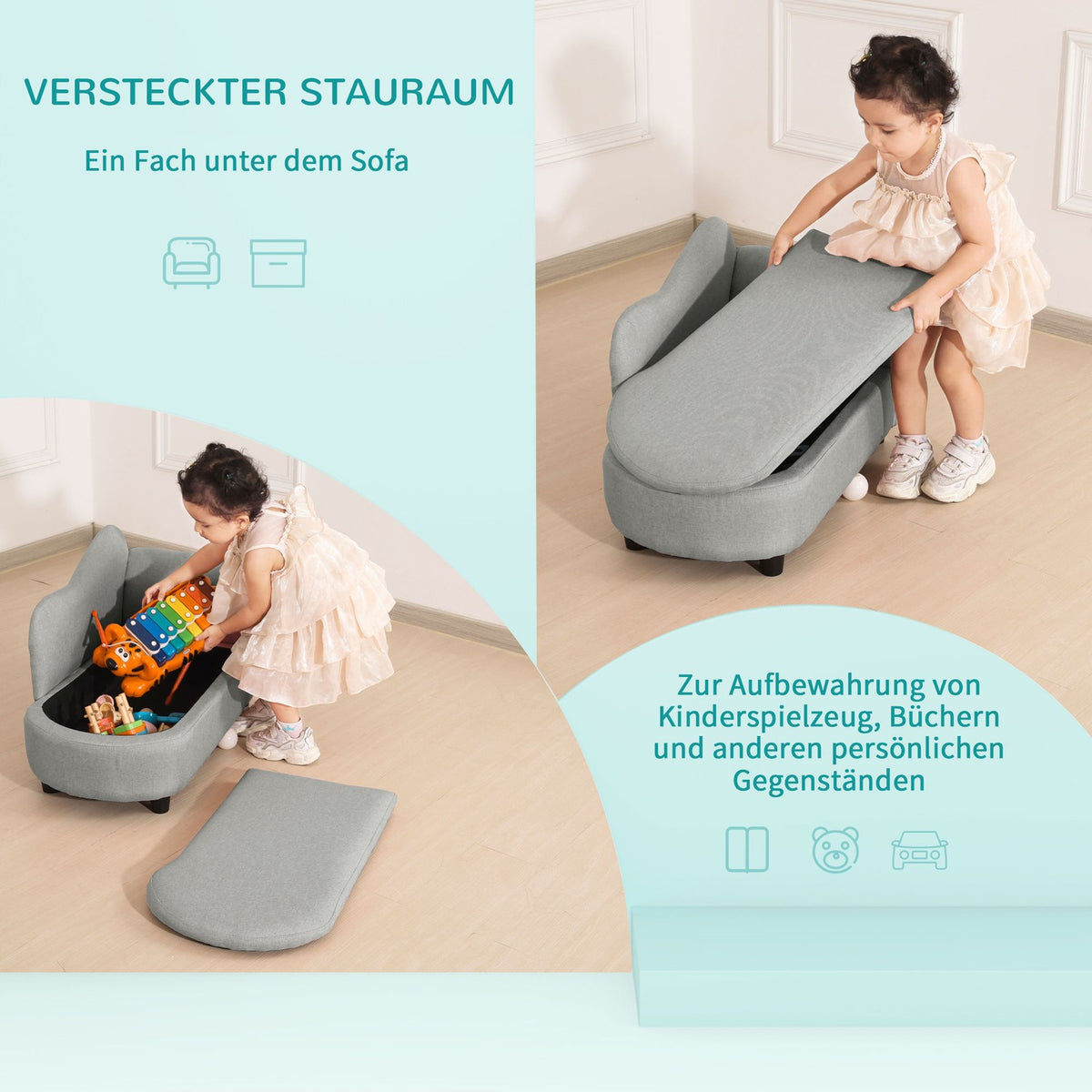 Children'S Sofa With Storage Space In Light Gray Chaise Longue, Solid Wood, 80X40X49Cm, For Children 1.5-3 Years