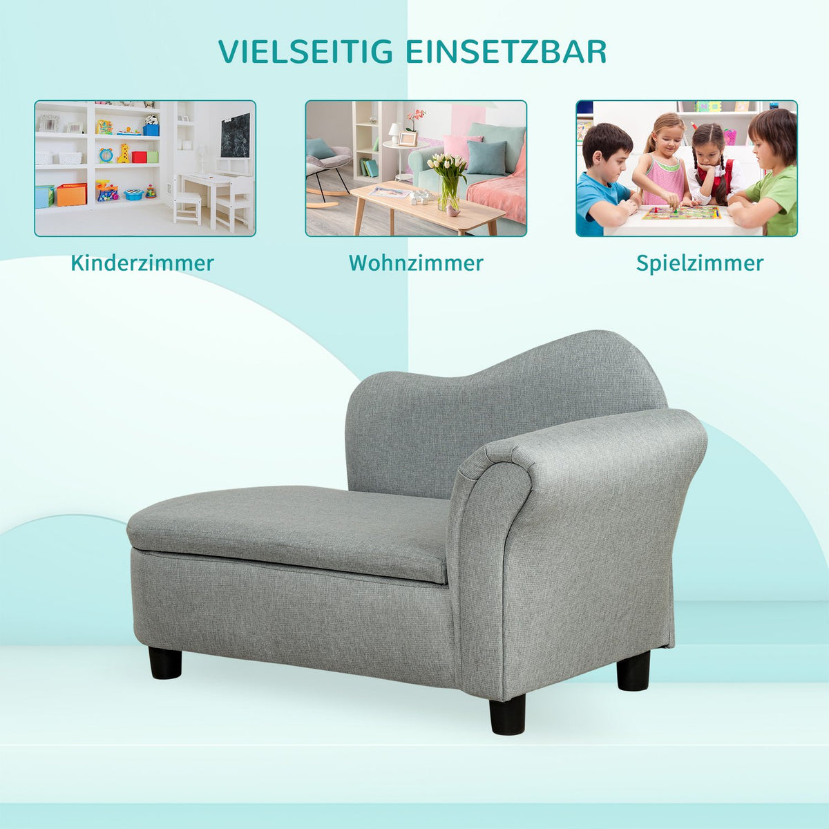 Children'S Sofa With Storage Space In Light Gray Chaise Longue, Solid Wood, 80X40X49Cm, For Children 1.5-3 Years