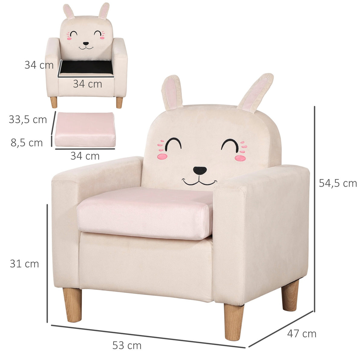 Children'S Sofa With Velvet Look Chaise Longue With Storage Space, Cream, Solid Wood, 53X47X54.5Cm, For Children 3-5 Years
