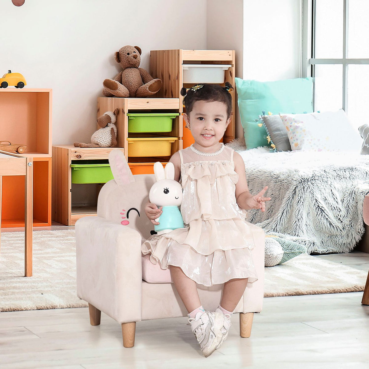 Children'S Sofa With Velvet Look Chaise Longue With Storage Space, Cream, Solid Wood, 53X47X54.5Cm, For Children 3-5 Years
