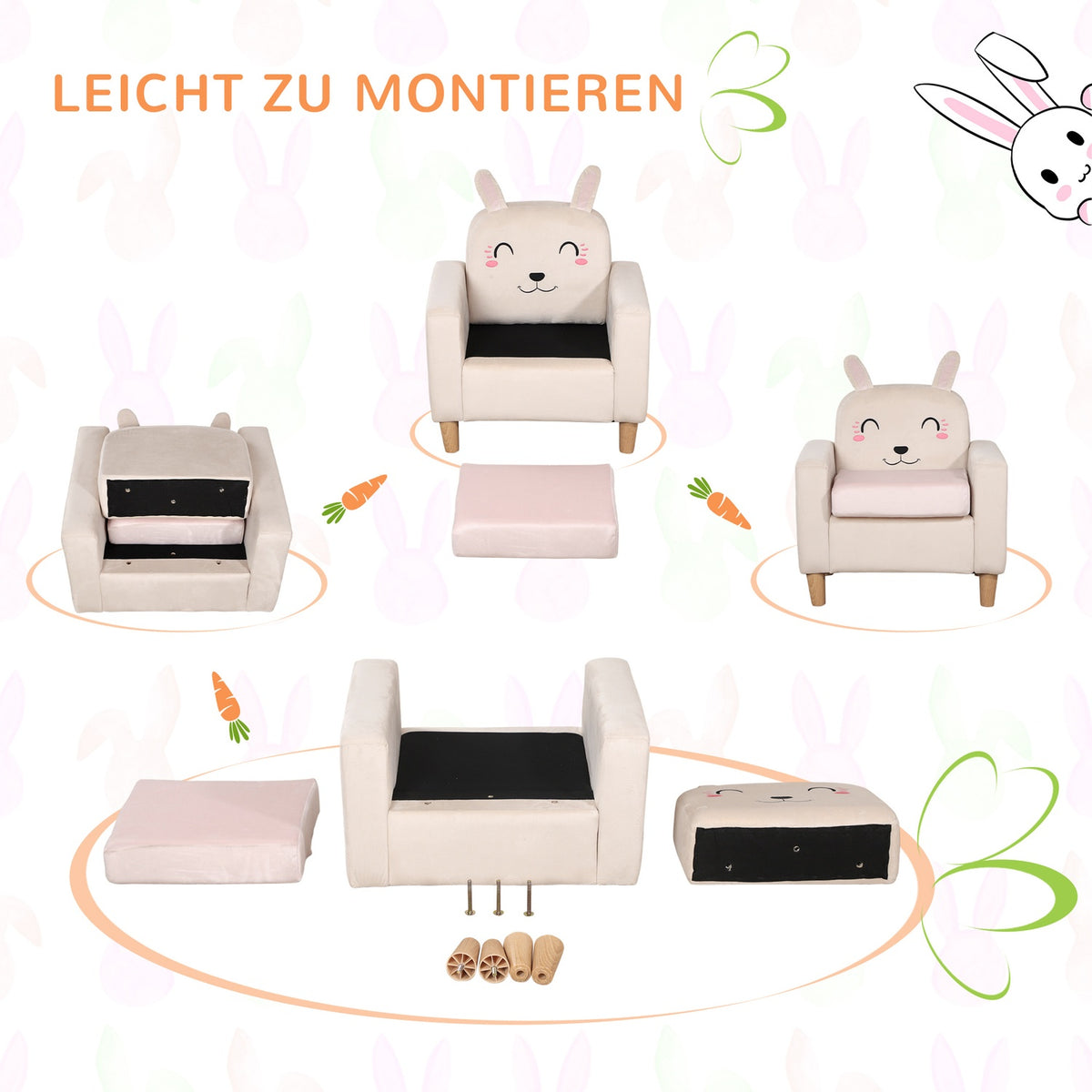 Children'S Sofa With Velvet Look Chaise Longue With Storage Space, Cream, Solid Wood, 53X47X54.5Cm, For Children 3-5 Years