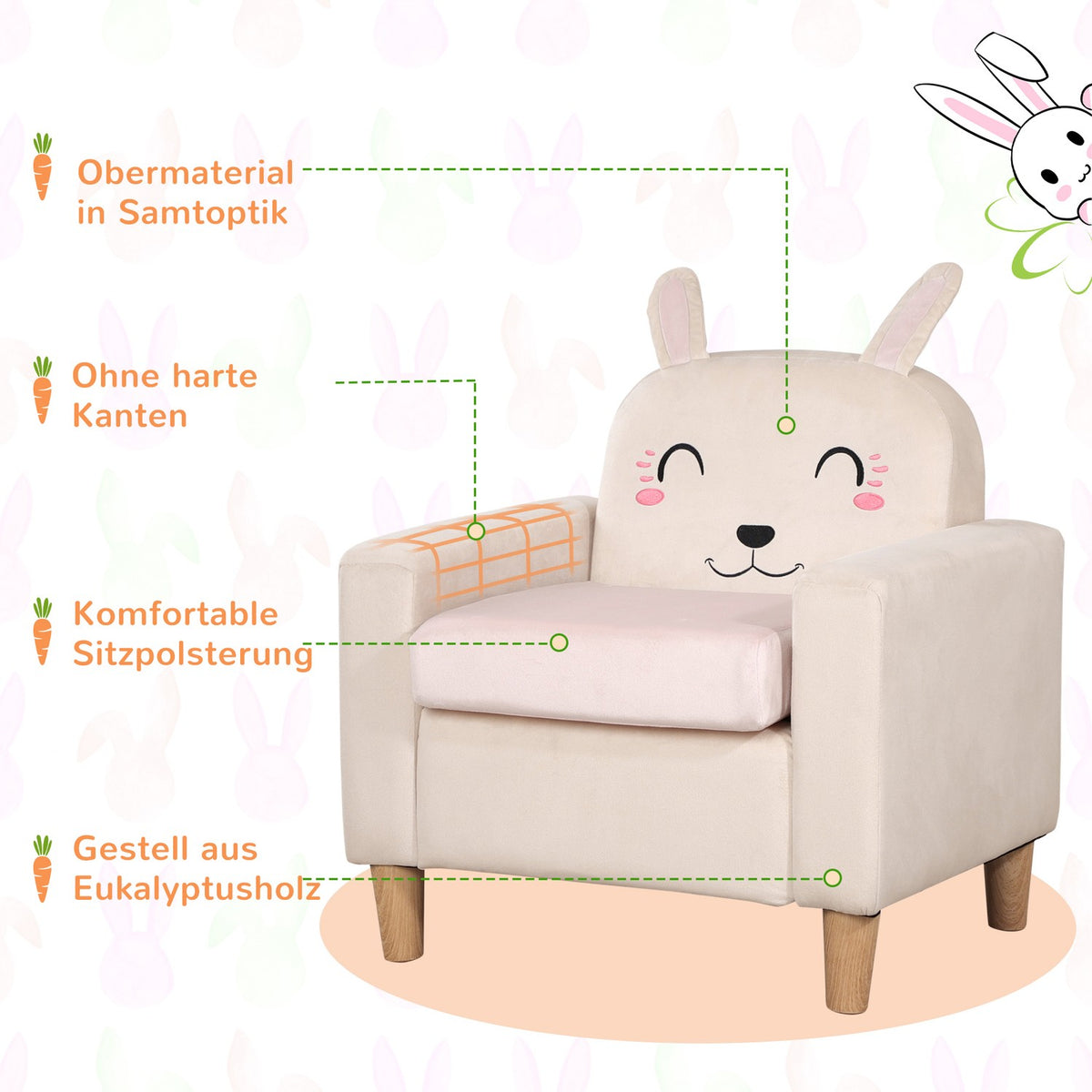 Children'S Sofa With Velvet Look Chaise Longue With Storage Space, Cream, Solid Wood, 53X47X54.5Cm, For Children 3-5 Years