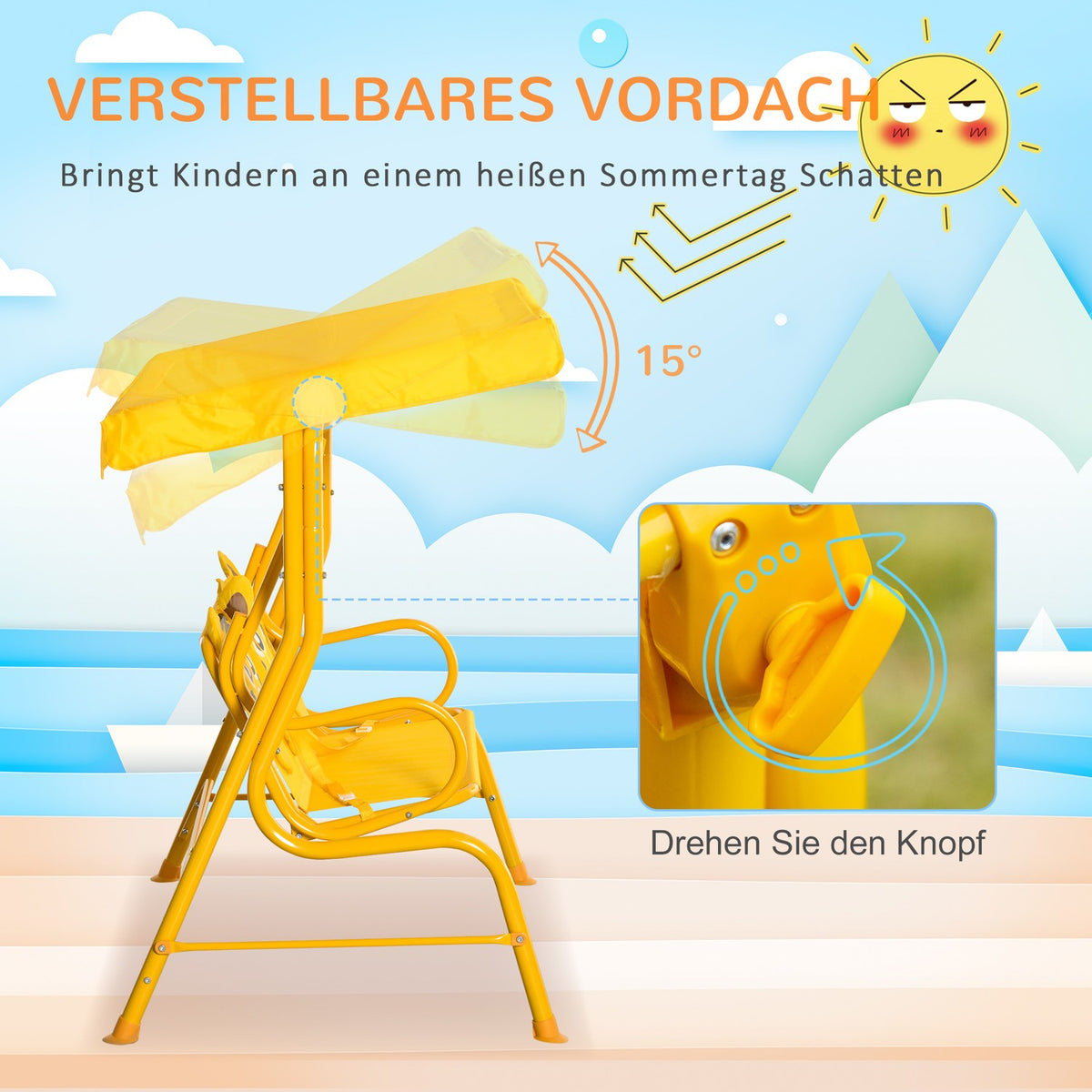 Children'S Swing 2-Seater Hollywood Swing Sun Canopy Garden Swing Metal Yellow 110X74X113Cm